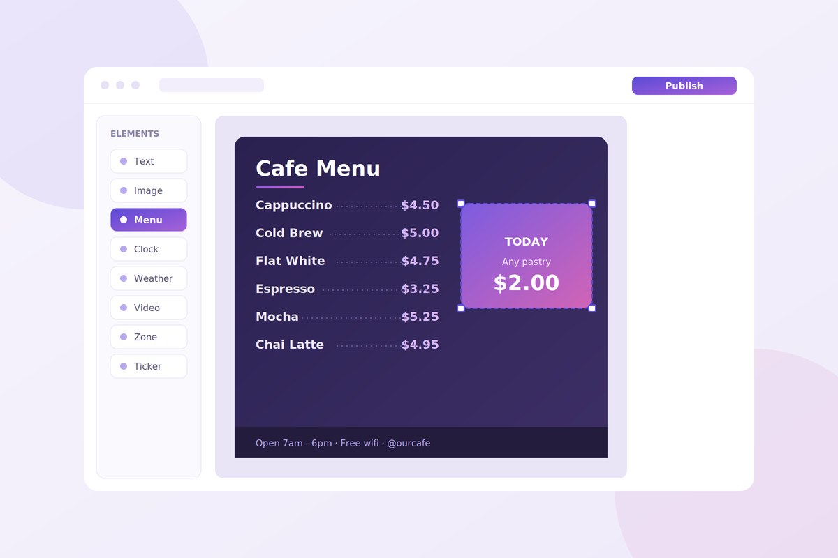 My Smart Signage layout editor with a menu board design