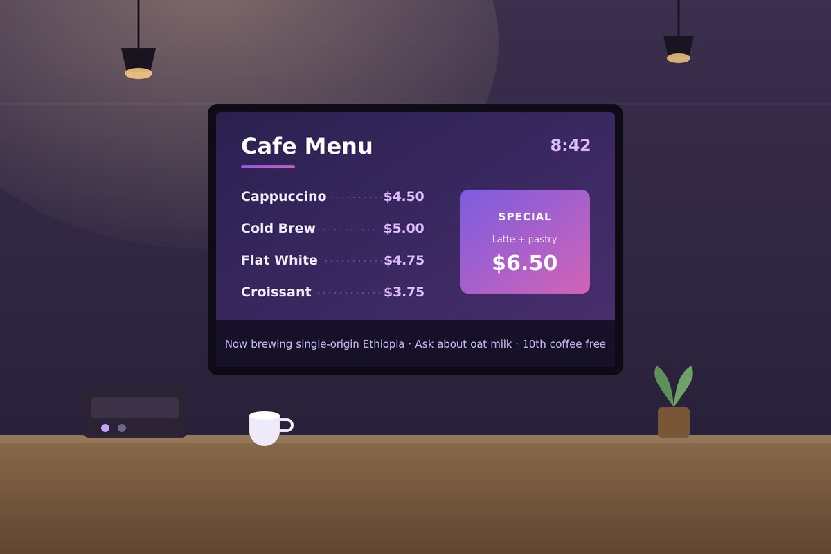 My Smart Signage menu board on a cafe TV